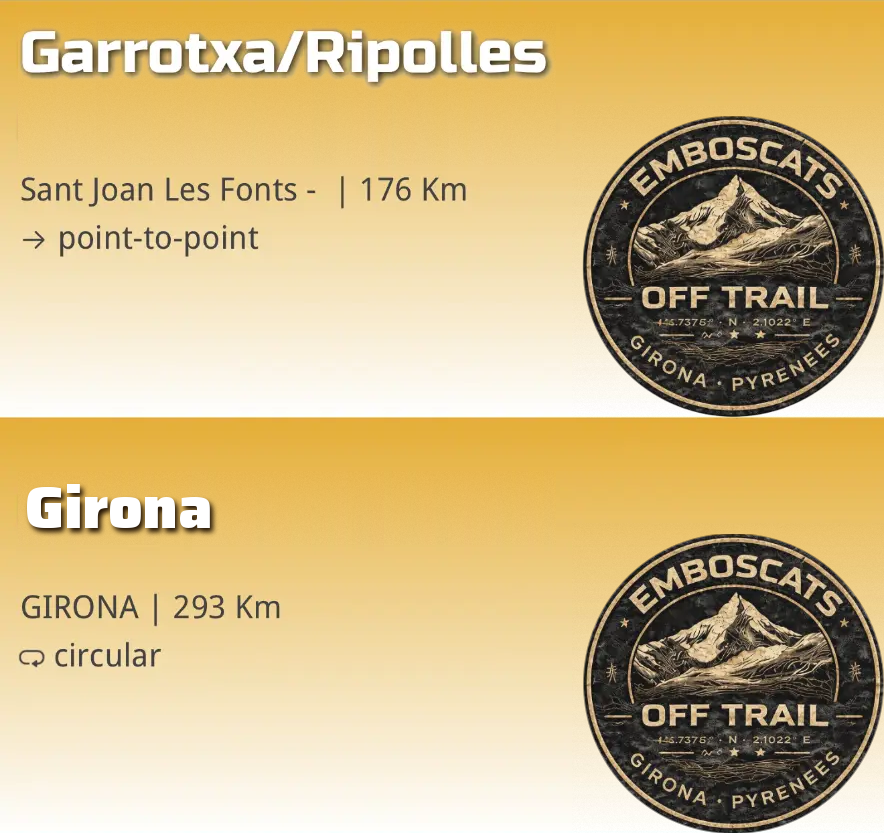 Captura de la app Rally Roadbooks con dos rutas de Emboscats: Garrotxa/Ripolles y Girona